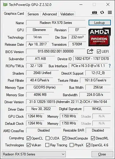 Amd HiS RX570 4gb 256 bits ddr5